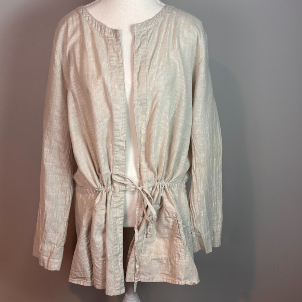 Kate Hill Womens Beige Gold Metallic Detail Cotton Linen Tie Front Blouse sz 3XL